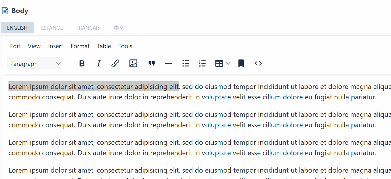 Cliquez sur les balises de langue pour basculer entre les zones d'édition